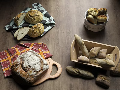 Various Types Of Homemade Artisanal Bread Displayed On Wooden Board Basket And Checkered Cloth 3d model