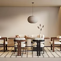 Modern Dining Table Set With Wooden Chairs Hanging Pendant Light And Geometric Rug