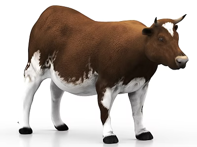 Brown and white cow with realistic texture standing in white background 3d model