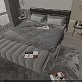 Modern Double Bed With Upholstered Headboard Plaid Bedspread Nightstand Lamp And Bench In Elegant Bedroom