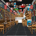 Traditional Asian Restaurant Interior With Red Lanterns Colorful Wall Decor And Wooden Tables