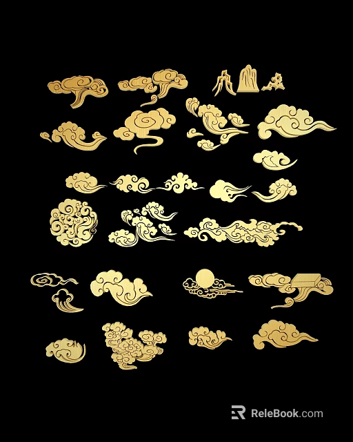 Traditional Golden Carvings with Cloud Patterns and Curly Designs on Black Background 3d model 