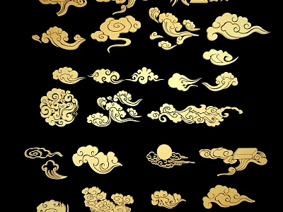 Traditional Golden Carvings with Cloud Patterns and Curly Designs on Black Background 3d model