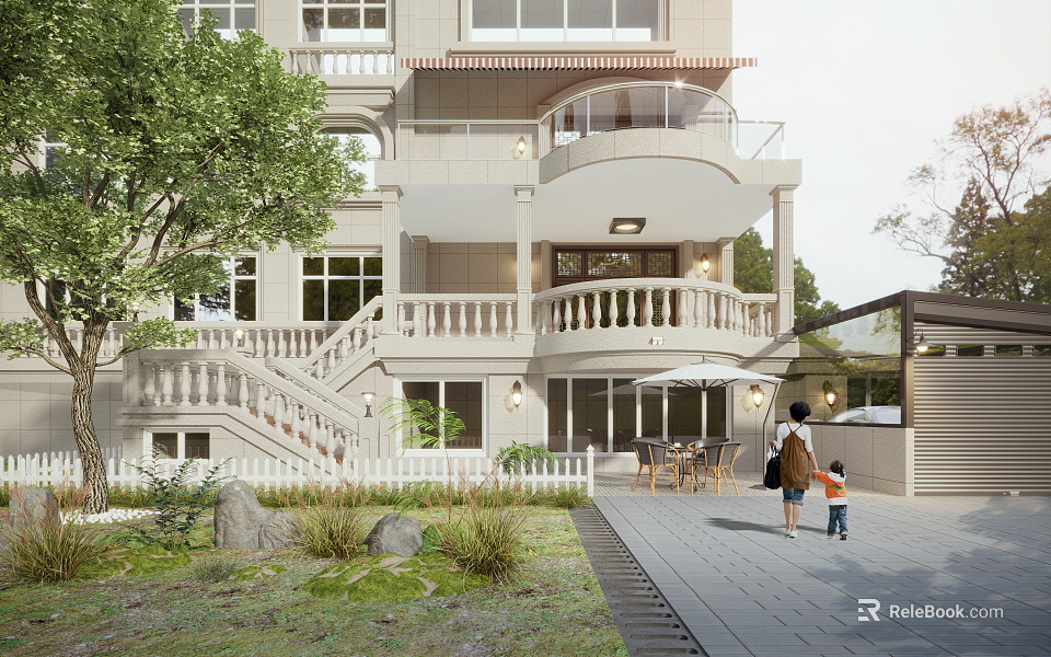 Detached Villa Exterior With Balcony Staircase And Landscaped Garden 3d model 