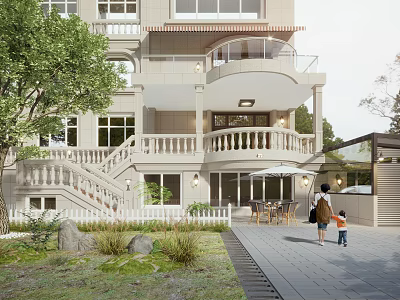 Detached Villa Exterior With Balcony Staircase And Landscaped Garden 3d model