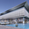 Modern Sales Office Building With Glass Facade And Pool Front Design 3d model