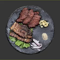 Assorted Grilled Meat Platter With Fresh Lettuce Onion Slices And Dipping Sauce On Slate Plate