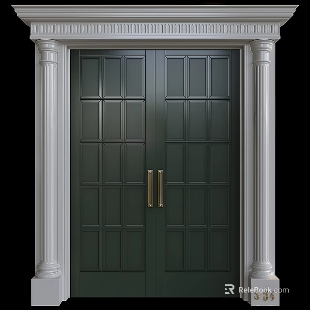Elegant Dark Green Swing Door with Golden Handles and White Columns Paneled Design 3d model 
