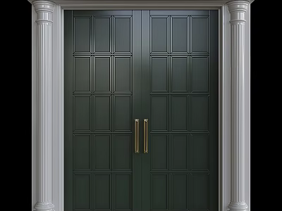 Elegant Dark Green Swing Door with Golden Handles and White Columns Paneled Design 3d model