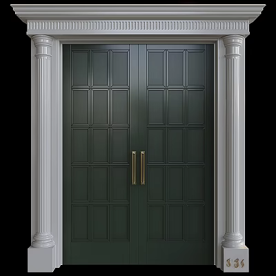 Elegant Dark Green Swing Door with Golden Handles and White Columns Paneled Design 3d model
