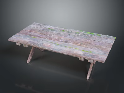 Rustic Weathered Wooden Table With Green Moss Covered Planks And Simple Legs 3d model