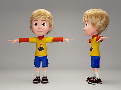 Cartoon Boy Character With Arms Extended Yellow Shirt And Blue Shorts 3d model