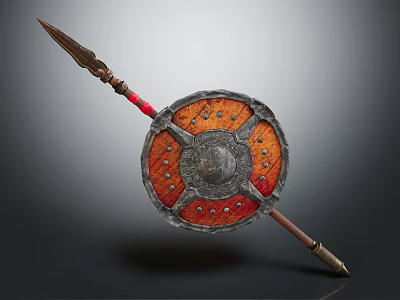 Traditional Weapon Spear And Shield With Wooden Handle Red Accents And Metal Design 3d model