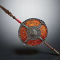 Traditional Weapon Spear And Shield With Wooden Handle Red Accents And Metal Design