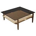 Modern Coffee Table With Wooden Frame Glass Top And Woven Lower Shelf