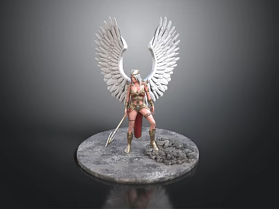 Mythical Woman Warrior Statue With Large White Wings And Spear On Stone Base 3d model