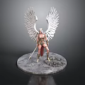 Mythical Woman Warrior Statue With Large White Wings And Spear On Stone Base