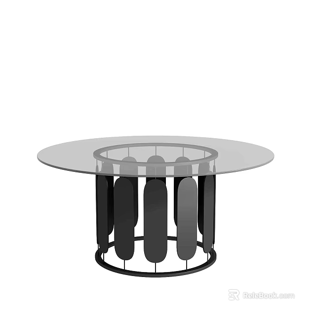 Round Coffee Table With Glass Top And Black Geometric Base Design 3d model 