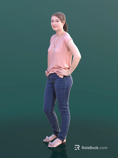 Woman In Pink Top And Blue Jeans Standing With Hands On Hips Against Green 3d model 