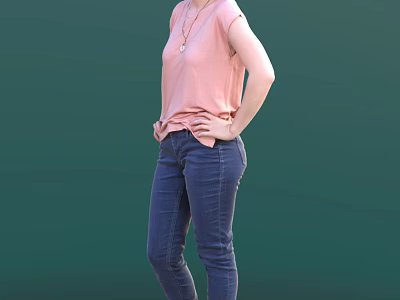 Woman In Pink Top And Blue Jeans Standing With Hands On Hips Against Green 3d model