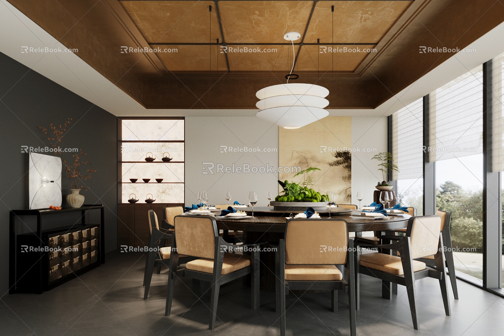 New Chinese Style Box Restaurant Box New Chinese Style Restaurant Box Club Box Dining Table and Chair New Chinese Style Sideboard Kite Lamp Dining Table and Chair for More than Four 3d model