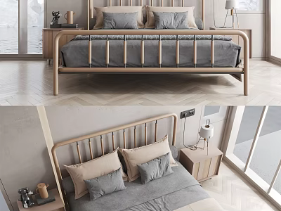Modern Wooden Double Bed Interior Design With Gray Bedding And Bedside Lamp 3d model