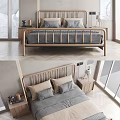 Modern Wooden Double Bed Interior Design With Gray Bedding And Bedside Lamp