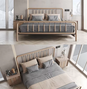 Modern Double Bed Solid Wood Double Bed 3d model