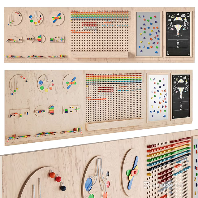 Wooden Wall Decor Featuring Pegboard Hooks Colorful Elements And Functional Design 3d model 