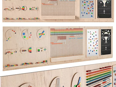 Wooden Wall Decor Featuring Pegboard Hooks Colorful Elements And Functional Design 3d model