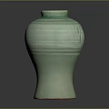 Green Ceramic Pottery Jar with Bamboo Leaf Carving for Home Decorative Use