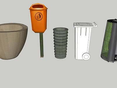 Public Facilities Featuring Orange Trash Bin Wheelie Container Stackable Containers And Green Mesh Bins 3d model