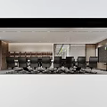 Modern Office Hallway Interior With Wooden Walls Grey Carpet Flooring Glass Doors And Blinds