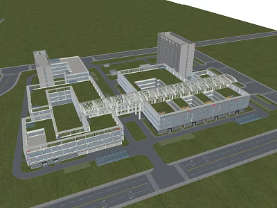 Aerial View Of Modern Connected Buildings With Green Roofs And Surrounding Roads 3d model
