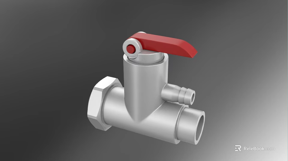 Silver Metal Pipe Valve With Red Handle And Connection Ports For Industrial Use 3d model 