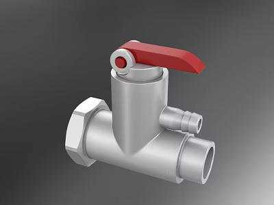 Silver Metal Pipe Valve With Red Handle And Connection Ports For Industrial Use 3d model