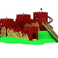 Red and Gold Architectural Components With Tower like Structures And Connecting Tracks 3d model
