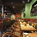 Warm Café Interior With Brick Wall Bookshelves Framed Paintings And Cozy Seating