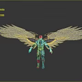 Futuristic Character In Black White Suit With Large Mechanical Wings And Glowing Blue Accents