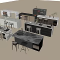 Modern Dining Table Combination With Marble Counter Island And Bar Stools 3d model