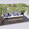 Pergola Covered with Green Vines and Purple Flowers With White Bench on Dark Tiled Floor