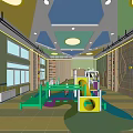 Children's Indoor Play Area With Colorful Ceiling Yellow Slide And Climbing Walls