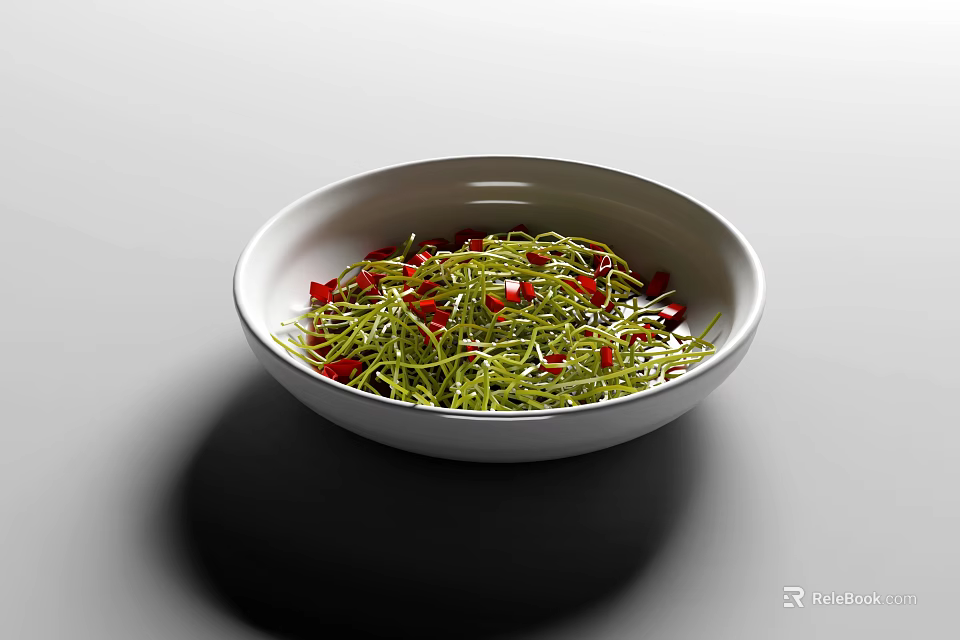 Fresh Green Shredded Vegetables Served in White Bowl with Red Chili Toppings 3d model 