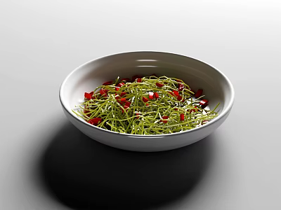 Fresh Green Shredded Vegetables Served in White Bowl with Red Chili Toppings 3d model