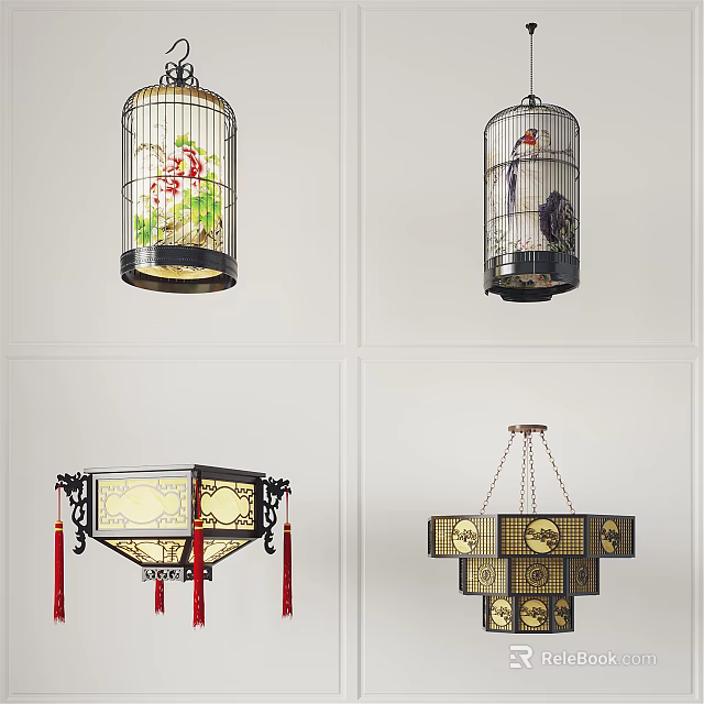 Traditional Chinese Chandeliers With Birdcage Design Floral Patterns And Red Tassels 3d model 