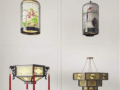 Traditional Chinese Chandeliers With Birdcage Design Floral Patterns And Red Tassels 3d model