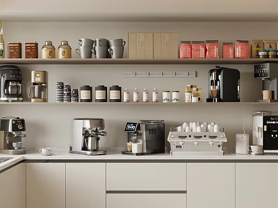 Modern Kitchen Interior With Stylish Appliances Coffee Machines Shelves And White Cabinets 3d model