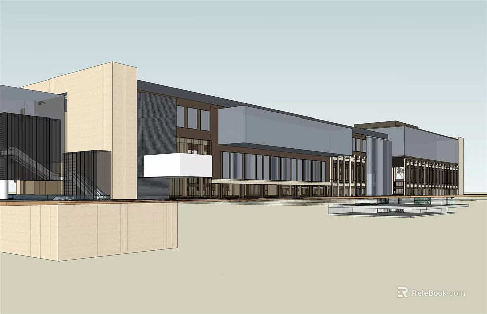 Modern Commercial Complex Design With Glass Curtain Walls And Entrance Plaza 3d model 