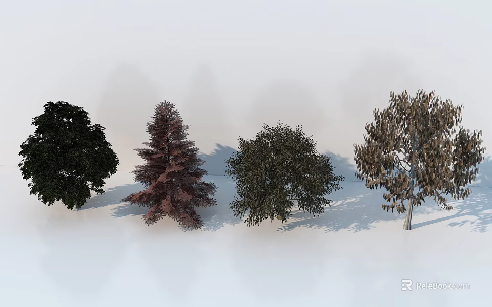 Various Types of Trees with Green Red and Brown Foliage and Diverse Canopy Shapes 3d model 