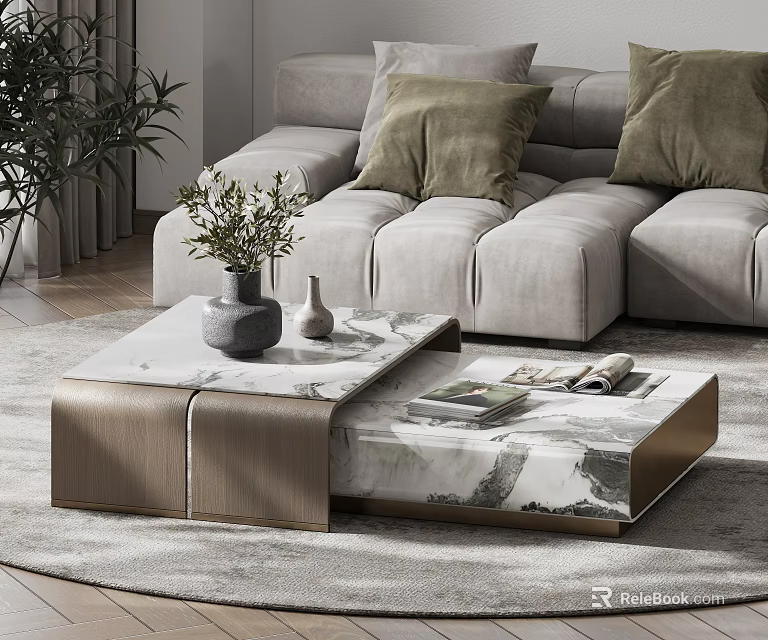 Modern Marble Top Coffee Table With Wooden Base And Decorative Vase In Living Room 3d model 